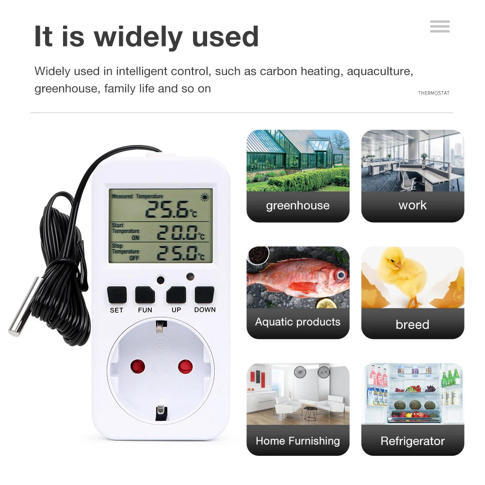 LCD Thermostat Timer Socket 16A EU Plug Temperature Controller with Alarm and Circulation Switch for Heating Cooling