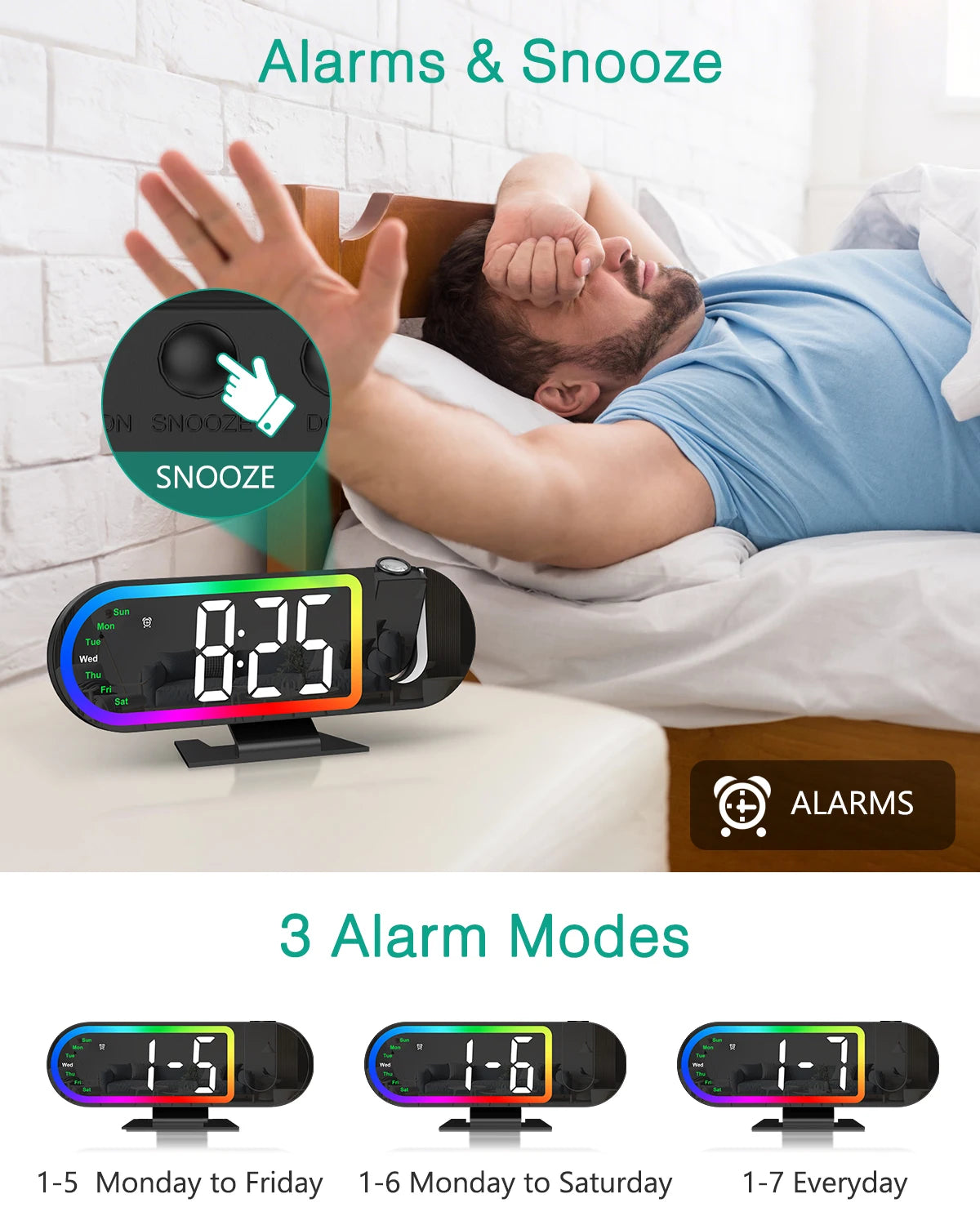 ORIA LED Projection Alarm Clock 8.5" Large Screen Digital Time, Date, Snooze, 17-Color Ambient Light
