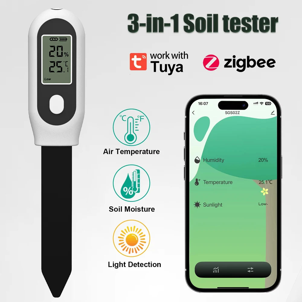 Tuya Zigbee 3-in-1 Soil Tester LCD Humidity Temperature Sunlight Meter Smart APP Monitor for Plants Garden