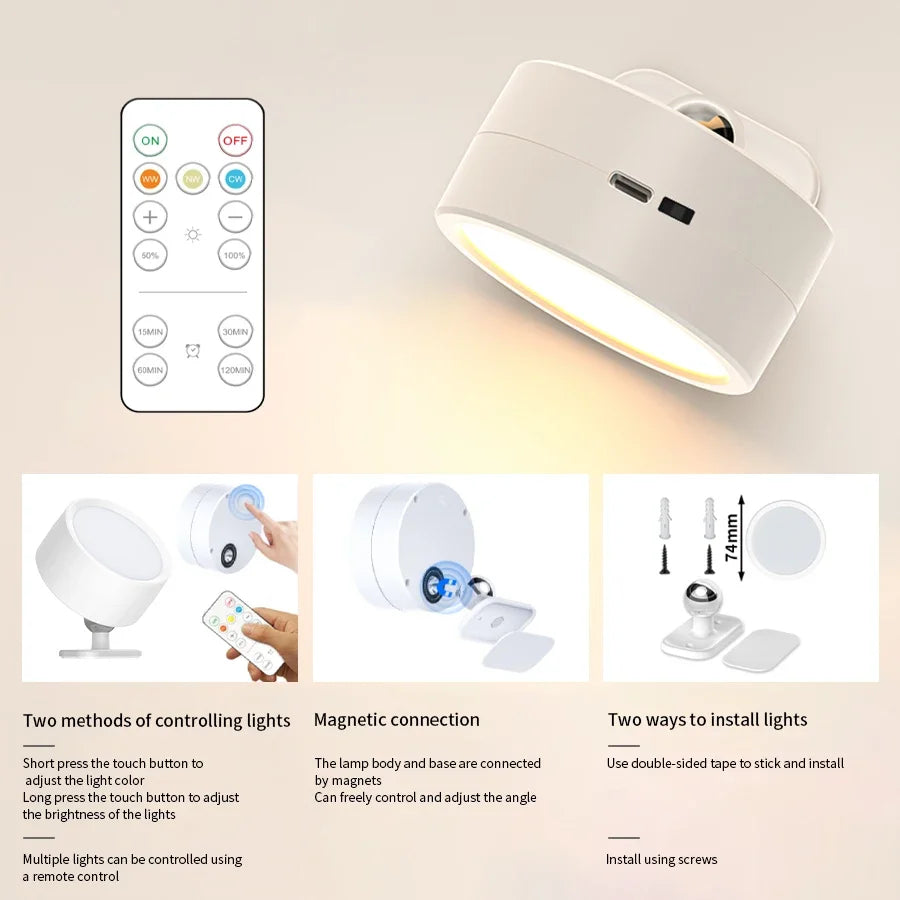 CowLost | product_id-rechargeable-360-rotatable-magnetic-rgb-3-color-led-wall-lamp-with-touch-remote-control-for-bedroom-and-living-room |12