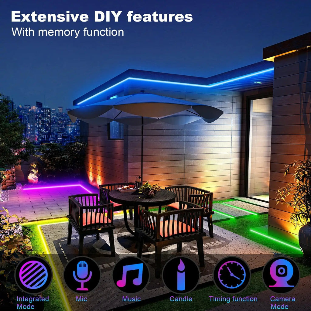 30M/20M RGB 5050 LED Strip IP65 Waterproof Silicone Tape with APP & 44-Key Remote, Music Sync, Color Change for Pool & Balcony