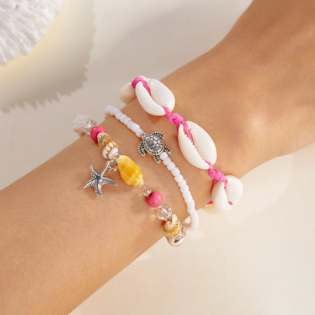 CowLost | 3-pcs-bohemian-starfish-shell-bracelet-for-women-girls-turtle-conch-rice-bead-chain-bangle-summer-beach-party-friendship-jewelry |6