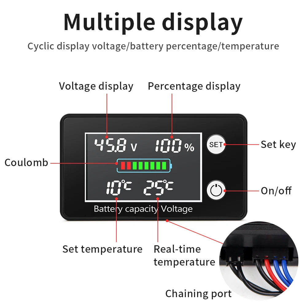 JUANJUAN DC 10V-100V Digital Battery Capacity Indicator LCD Voltage Tester with Temperature Control