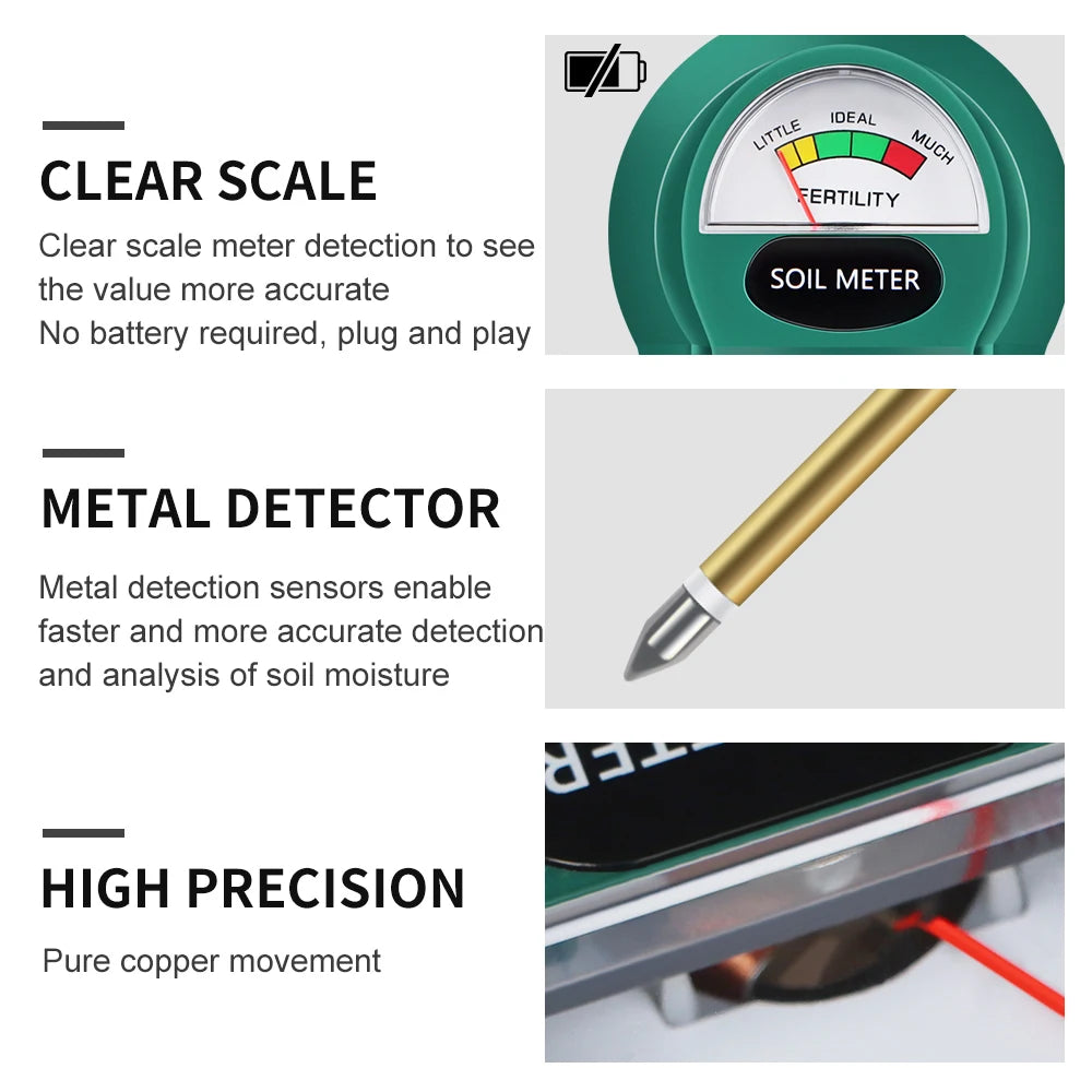 Handheld Soil PH, Moisture & Fertility Meter with Metal Probe No Batteries Needed