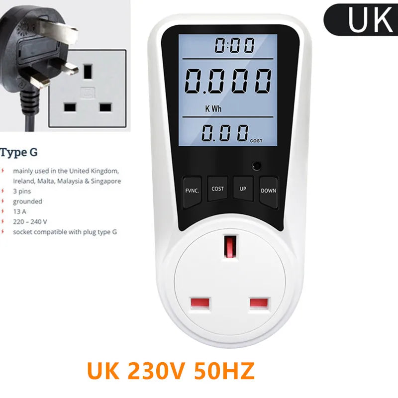 Digital AC Power Wattmeter 110V-220V Energy Consumption Meter with EU, US, UK, AU, BR, FR, IT, TH Plug Options