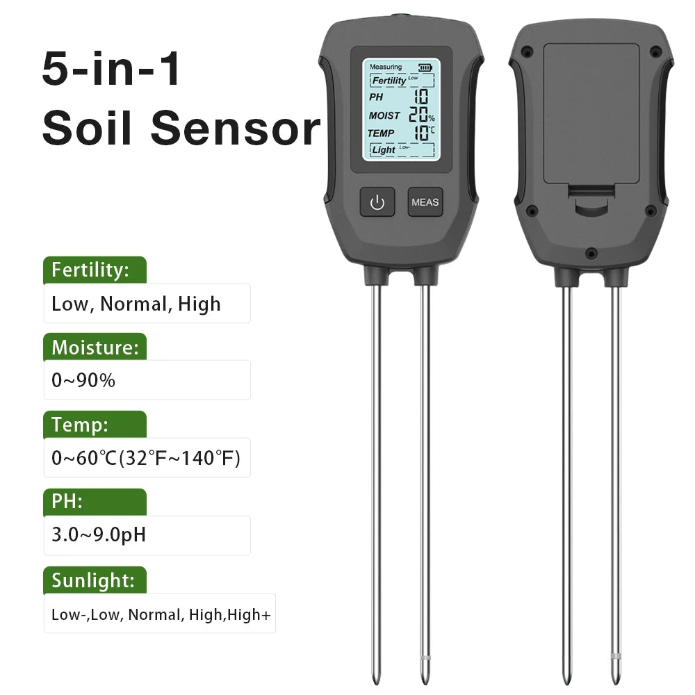 5-in-1 Digital Soil Meter PH Moisture Fertility Temp Sunlight Tester for Garden Greenhouse