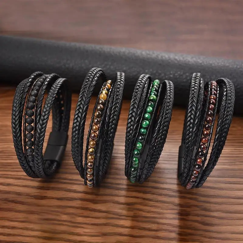 CowLost | badge-pass-holders-mens-natural-stone-beads-multilayer-leather-bracelet-with-magnetic-clasp |8