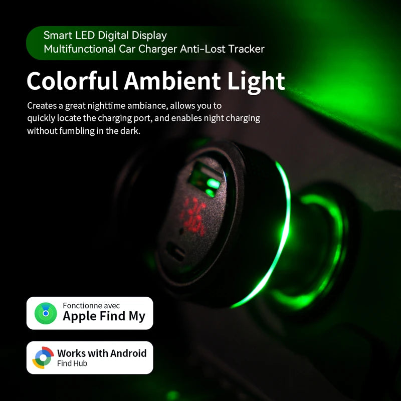 CowLost | product_id-car-charger-with-find-my-tracker-battery-voltage-display-ambient-light-pd-fast-charge-usb-c-for-ios-android |3