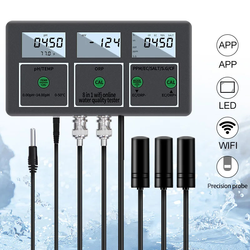 Tuya WiFi 8-in-1 Water Quality Tester pH/EC/TDS/Salt/S.G/ORP/CF/Temp Meter pH-W218 for Aquarium