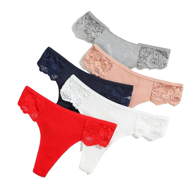 CowLost | product_id-4pcs-women-s-cotton-low-waist-lace-trim-solid-color-g-string-thongs-set |9