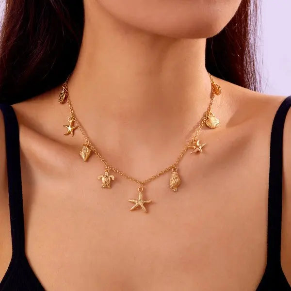 CowLost | 3pcs-bohemian-conch-starfish-pendant-necklace-for-women-conch-seashell-gold-color-metal-chain-choker-summer-beach-party-jewelry |8
