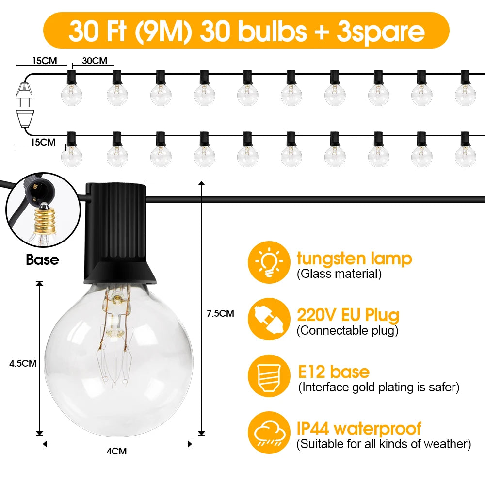 15M G40 Tungsten Outdoor String Lights, IP65 Waterproof, 220V Connectable Garland for Patio Porch Party Decor
