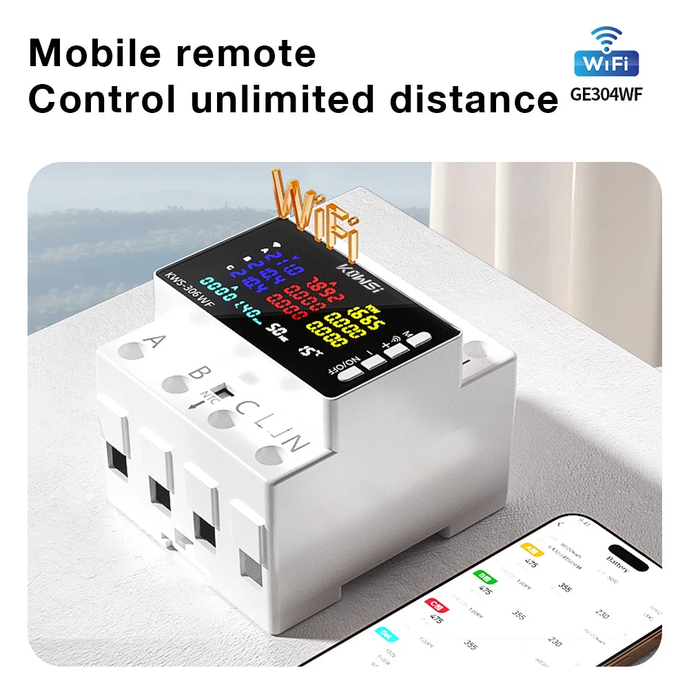 KWS-306WF Tuya WiFi 3-Phase 4-Wire Power Meter Energy Tester with Color LCD and Voltage Protection Relay Switch