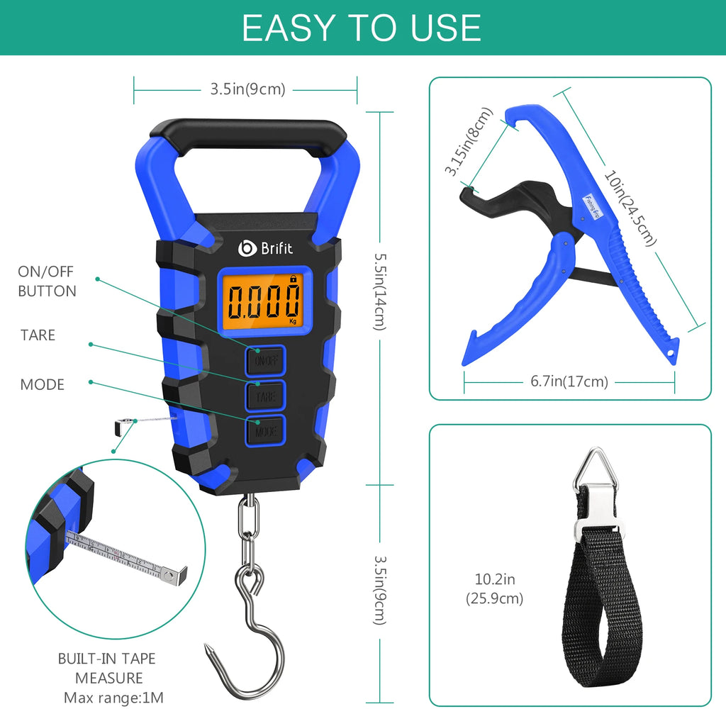 ORIA Digital Hanging Fishing Scale 50kg with Tape Measure and Fish Gripper