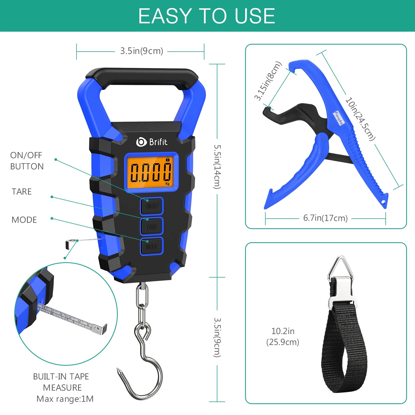 ORIA Digital Hanging Fishing Scale 50kg with Tape Measure and Fish Gripper