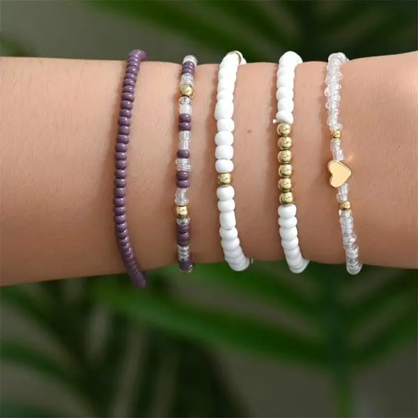 CowLost | 4pcs-set-bohemia-shell-bracelets-for-women-ethnic-style-colorful-zircon-rice-beads-metal-chain-bangles-girl-summer-beach-jewelry |11