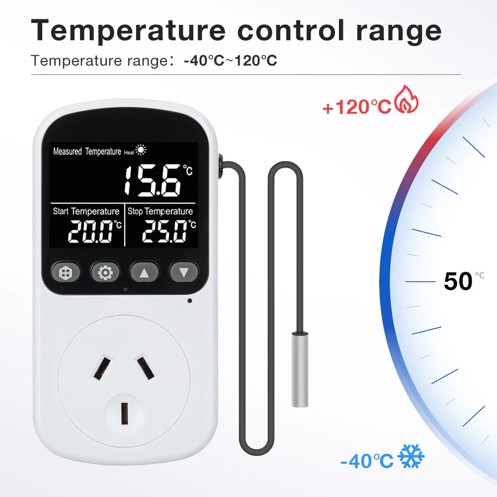 Full View LCD Thermostat Socket 16A 230V Temperature Controller EU Plug Heating Cooling Regulator with Sensor