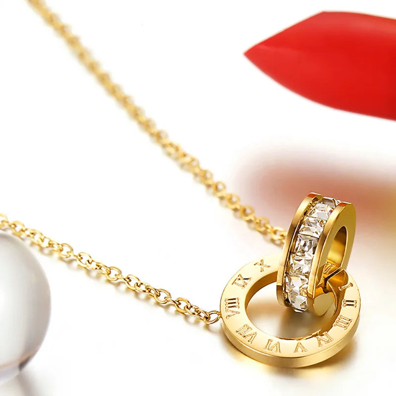 Women's Classic Roman Numeral Double Ring Buckle Titanium Steel Diamond Necklace