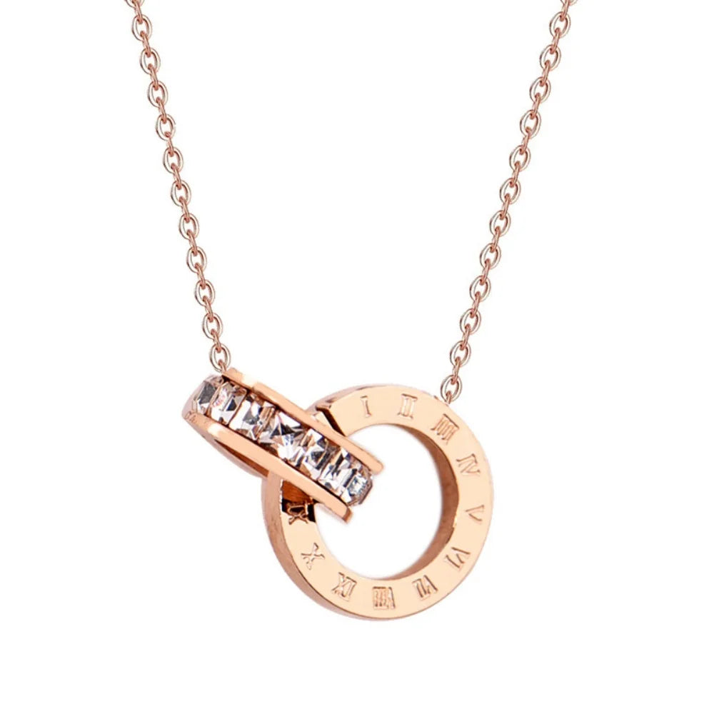 Women's Classic Roman Numeral Double Ring Buckle Titanium Steel Diamond Necklace