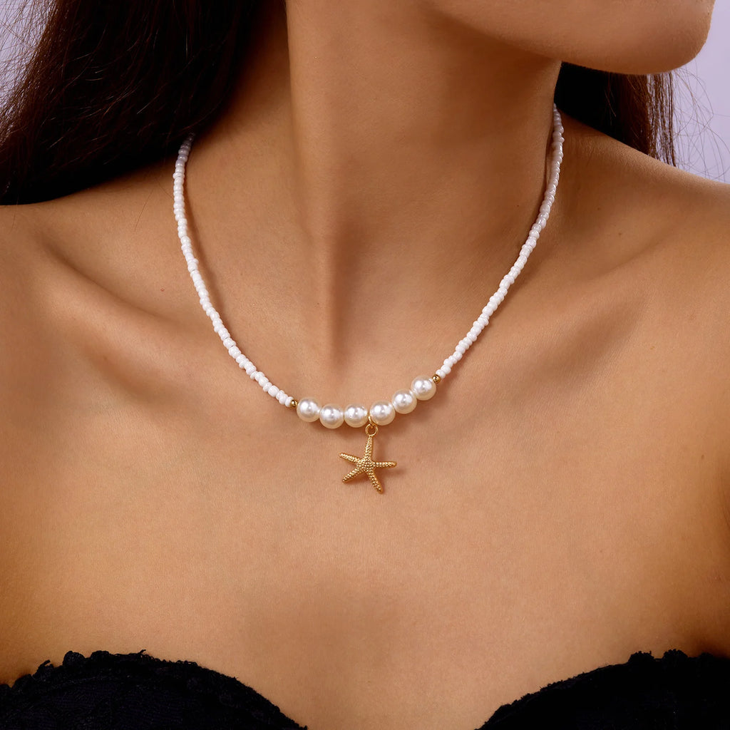 CowLost | bohemian-rice-beads-starfish-pendant-necklace-for-women-handmade-imitation-pearl-colorful-beaded-choker-summer-beach-jewelry |5