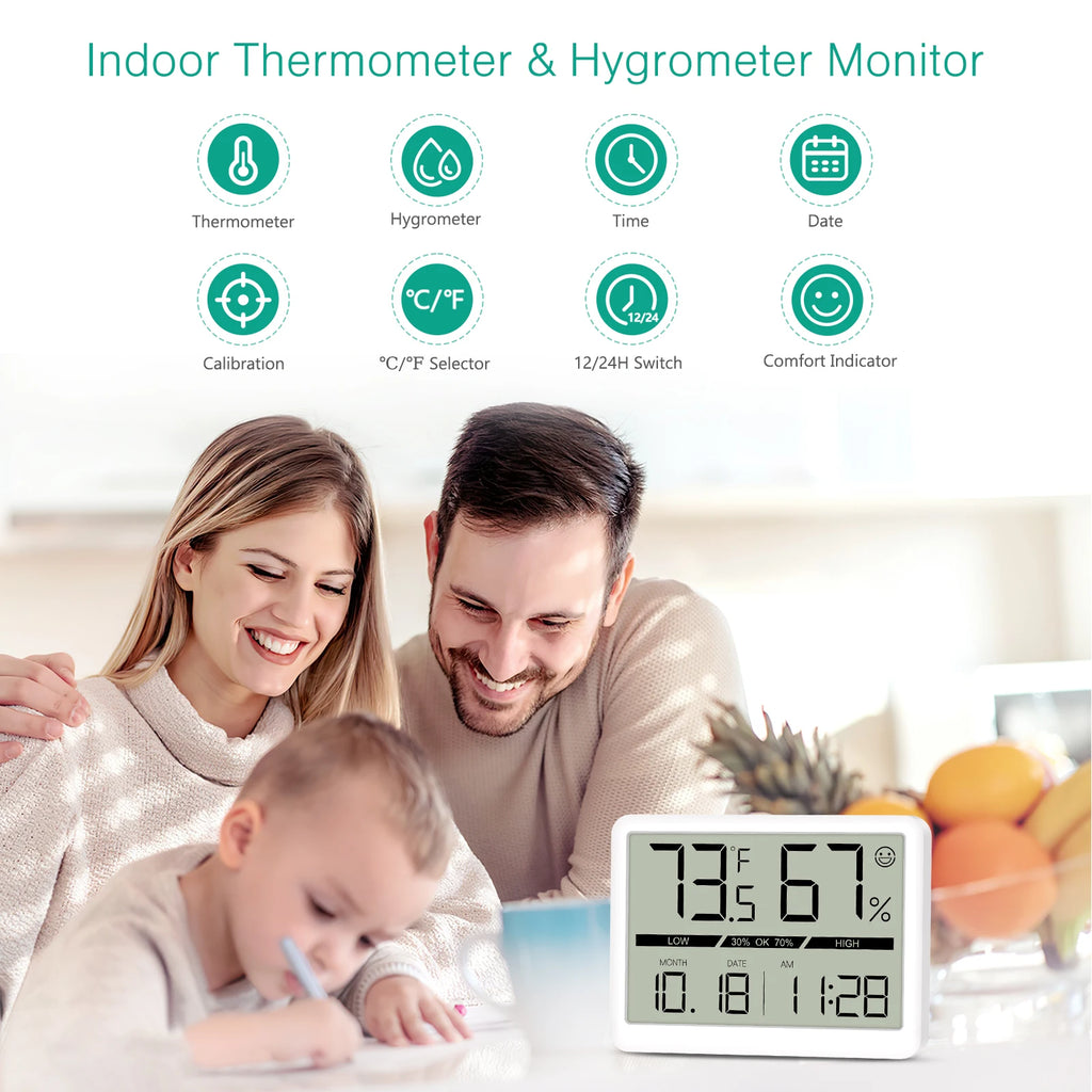 ORIA Indoor Digital Humidity Meter Thermometer with LCD Clock and Large Display