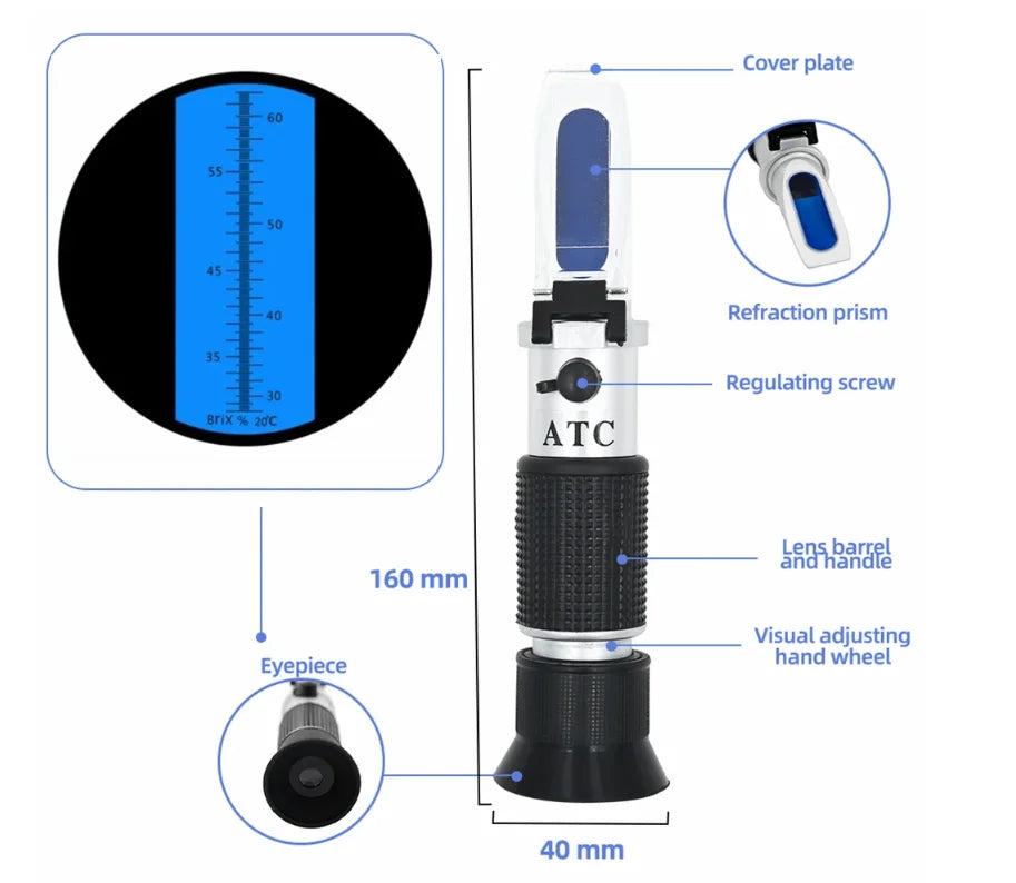 HandHeld 28-62% Brix Sugar Refractometer ATC for Fruit Sauce Juice Jam Drinks