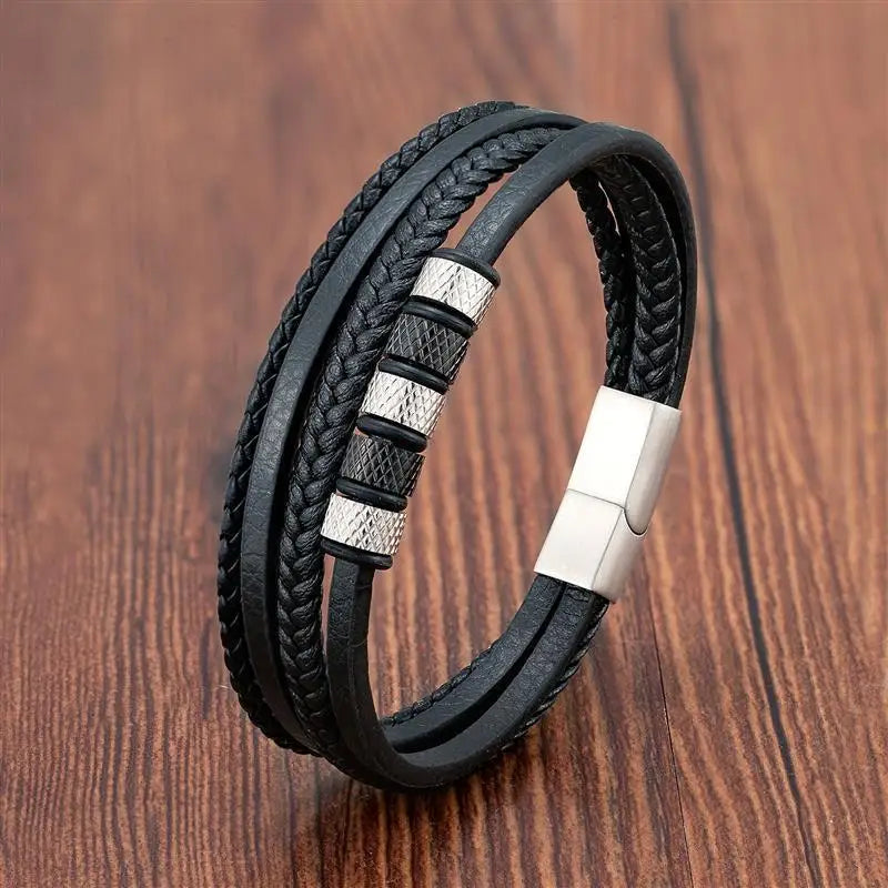 CowLost | punk-men-leather-bracelet-with-stainless-steel-magnetic-clasp-braided-mutilayer |40