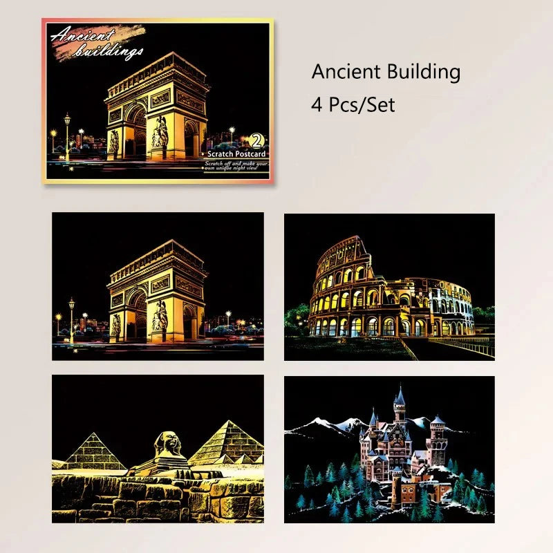 CowLost | product_id-4pcs-a5-diy-scratch-painting-set-cherry-blossoms-classical-buildings-landscapes-animals |26