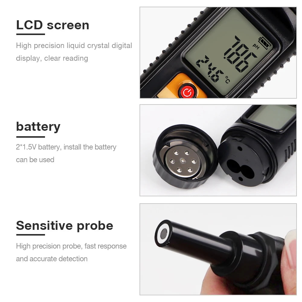 LCD Digital PH Meter 0.00-14.00 Handheld Soil, Food, Dough Acidity Tester for Fruit, Cheese, Meat, Skin