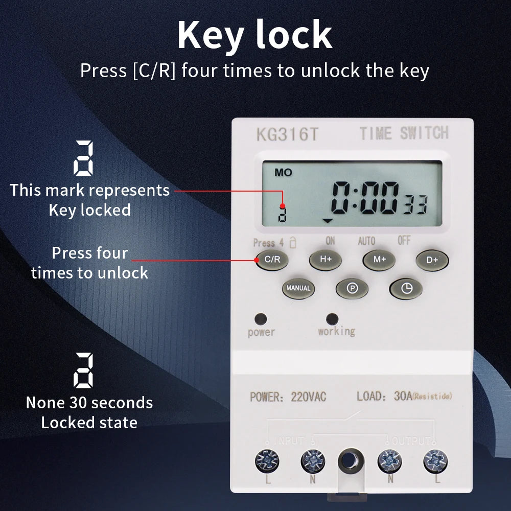 Digital 7-Day Programmable Timer Relay 220V 25/30A with Power Outage Memory