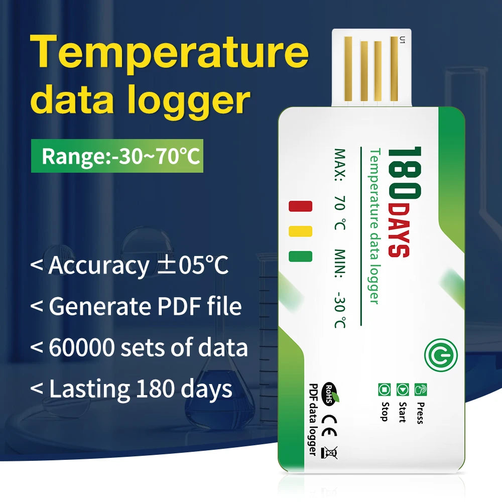 180-Day Disposable USB Temperature Data Logger with LED Indicator and Temp Alarm for Cold Chain Transport PDF Report