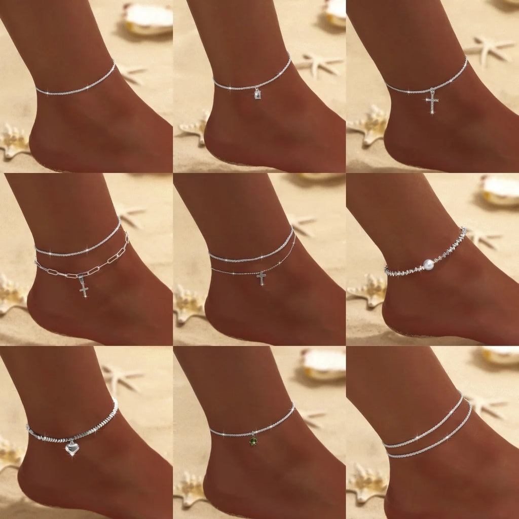Silver Anklet Double Layer Zircon Cross Pearl Beach Jewelry for Women
