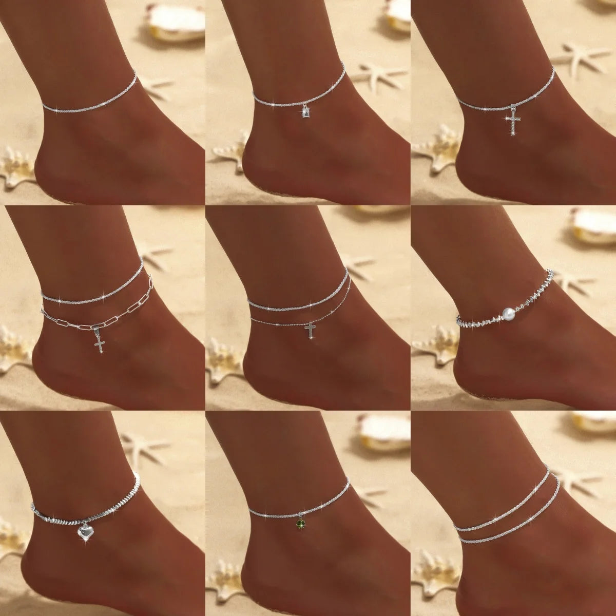 Silver Anklet Double Layer Zircon Cross Pearl Beach Jewelry for Women