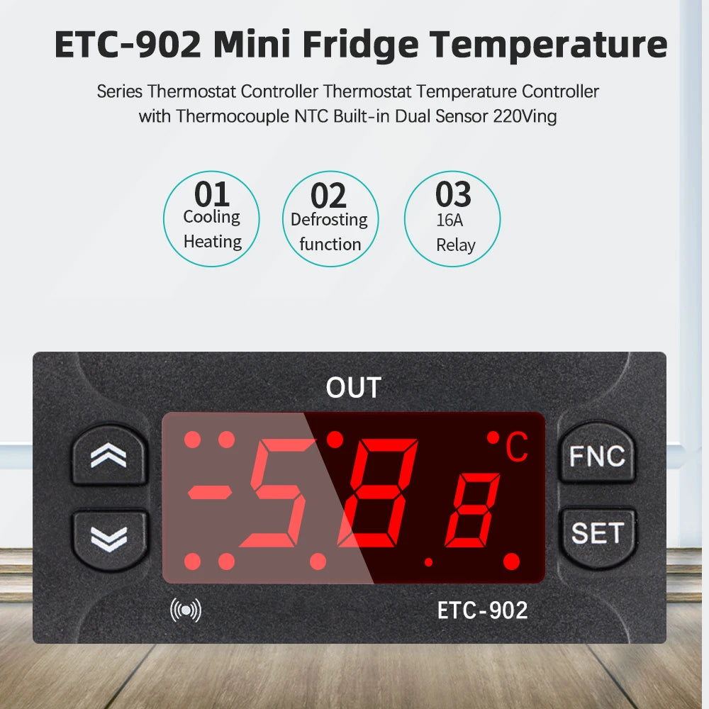 ETC-902 Digital Temperature Controller Thermostat Thermoregulator Incubator Relay LED 16A Heating Cooling 12V-24V AC 110V-220V