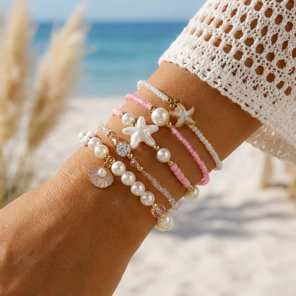 CowLost | 6-pcs-bohemian-shell-starfish-beaded-bracelet-set-for-women-fashion-multilayer-stacked-bracelets-summer-beach-party-jewelry-gift |9
