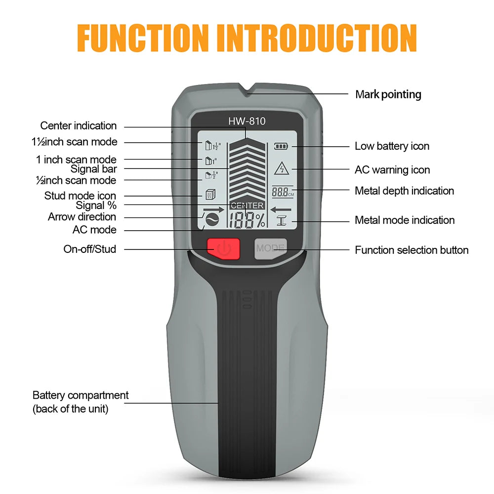 Handheld 6-in-1 Metal Detector Wall Stud Finder Digital Scanner with LCD Display