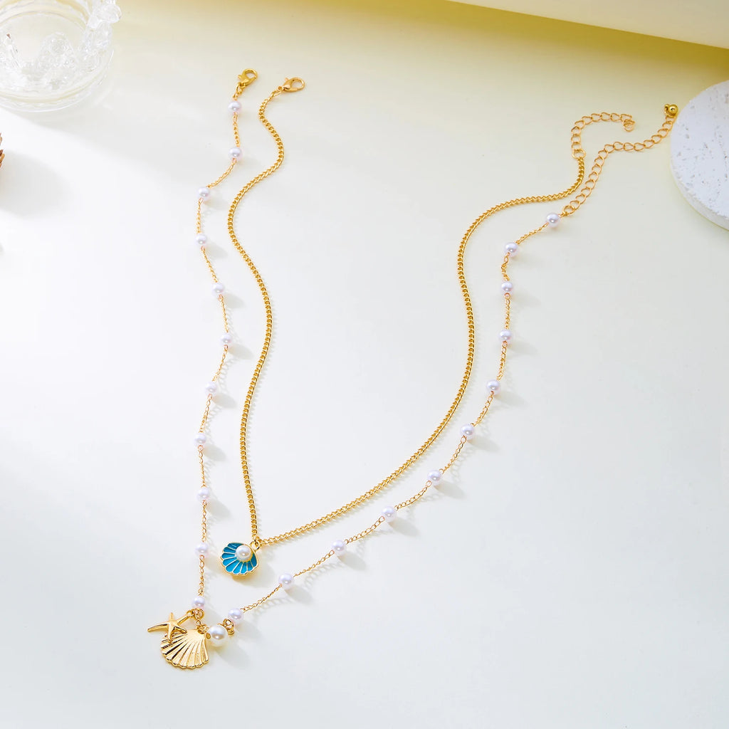 CowLost | boho-bohemian-sea-shell-starfish-pendant-necklaces-for-women-double-layered-tortoise-imitation-pearl-bead-chain-beach-jewelry |5
