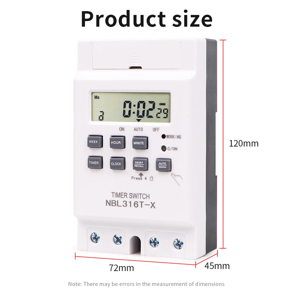 Digital 7-Day Programmable Timer Relay 220V 25/30A with Power Outage Memory