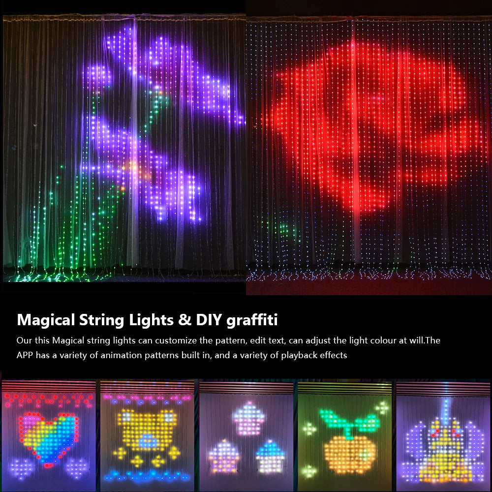 Programmable RGB Smart LED Window Curtain Lights with APP Remote and DIY Text Patterns