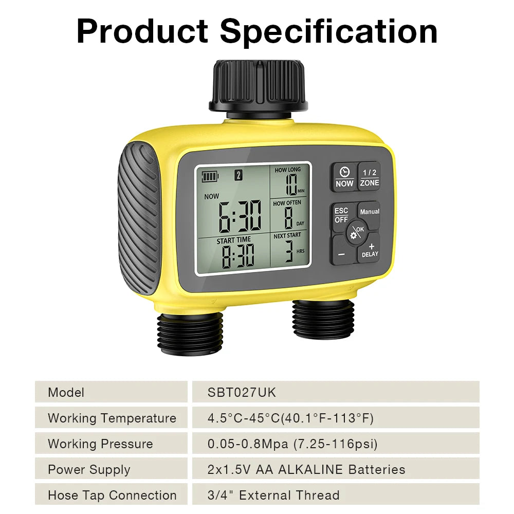2-Channel Automatic Irrigation Controller Water Timer for Garden Greenhouse