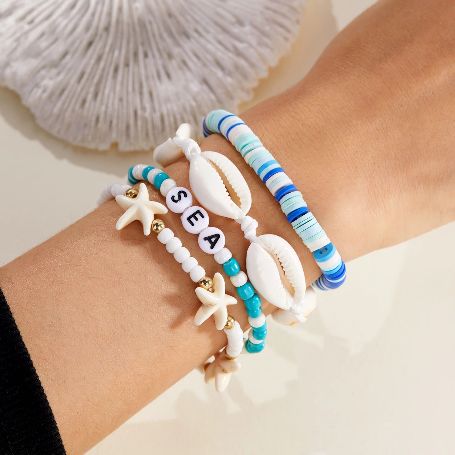 CowLost | summer-bohemian-flower-starfish-sea-turtle-pendant-bracelets-set-for-women-polymer-clay-colorful-beaded-bangle-beach-jewelry |6