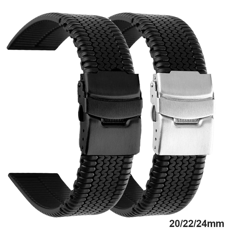 CowLost | product_id-black-silicone-sport-watchband-20mm-24mm-with-tire-pattern-folding-buckle-waterproof-universal-strap |1