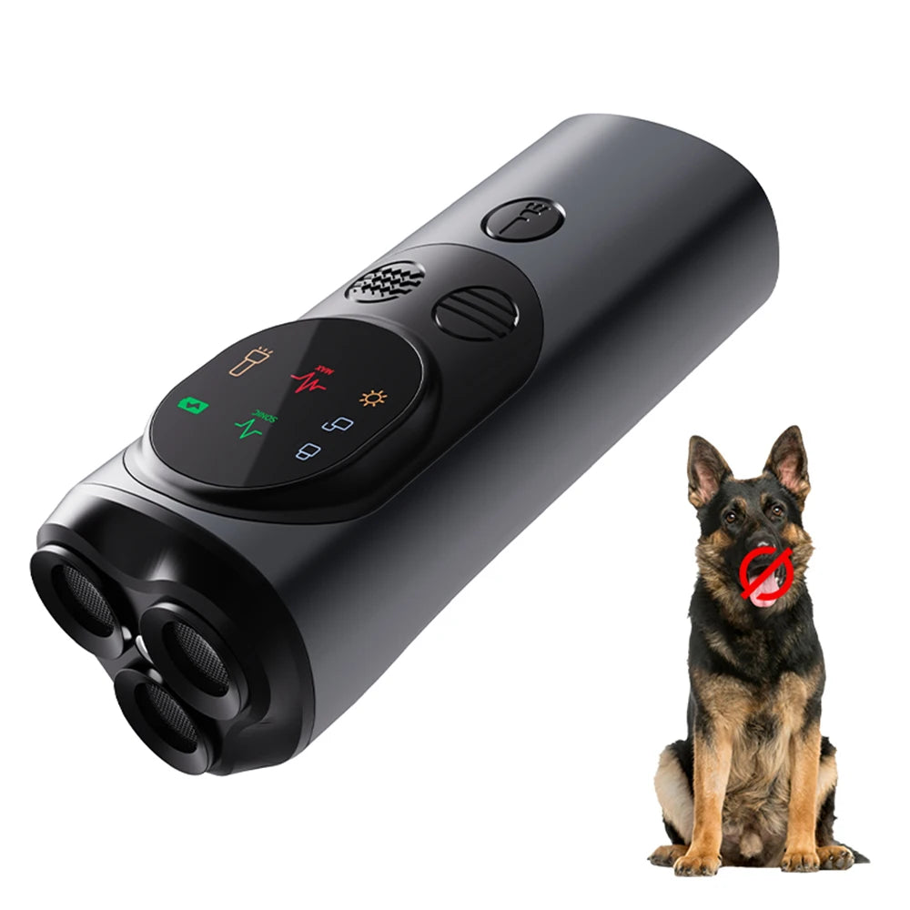 3-Head Ultrasonic Dog Repeller 30ft Range Anti-Barking Trainer with LED Flashlight