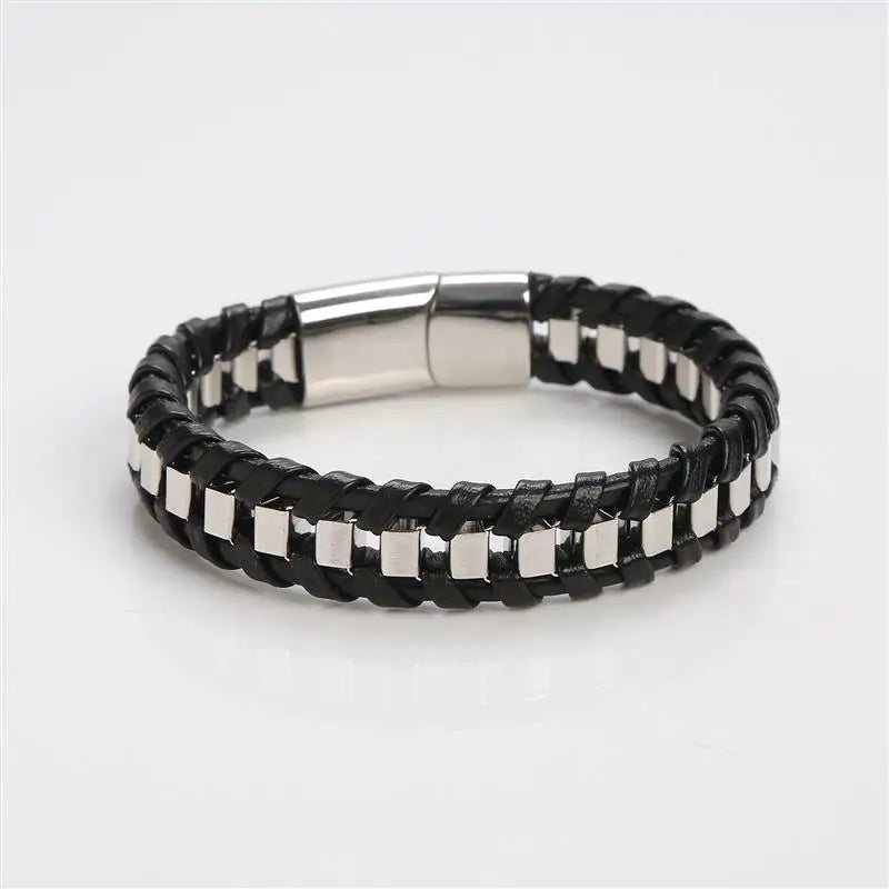 CowLost | badge-pass-holders-mens-classic-hand-woven-stainless-steel-leather-braided-bracelet |22