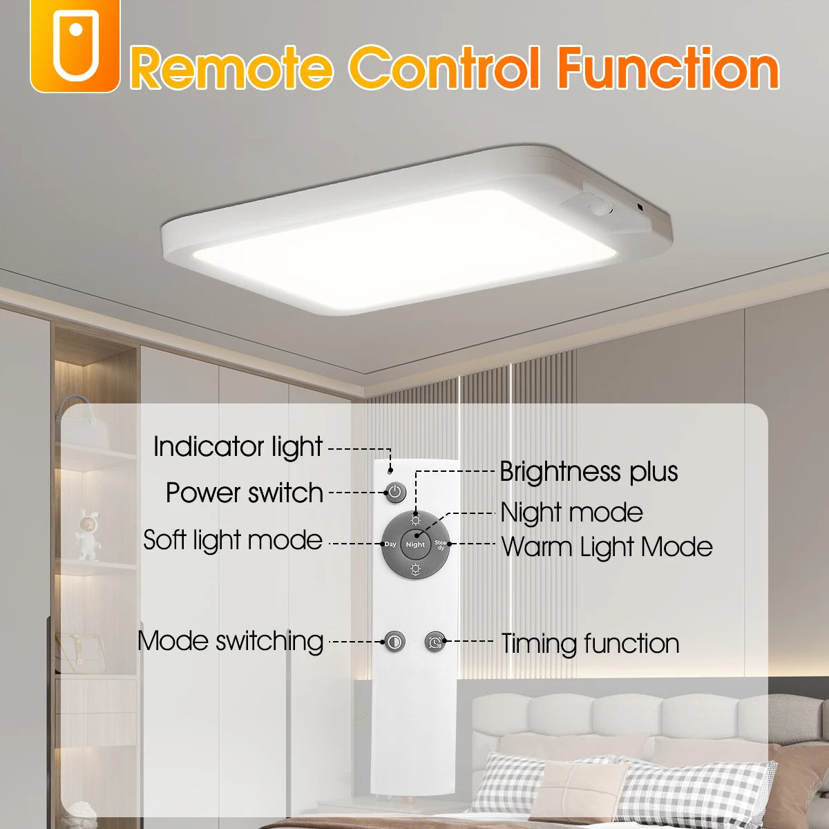 Rechargeable Battery Ceiling Light with Motion Sensor, Wireless Indoor Shower Lamp, Remote Control, 3000K-6500K