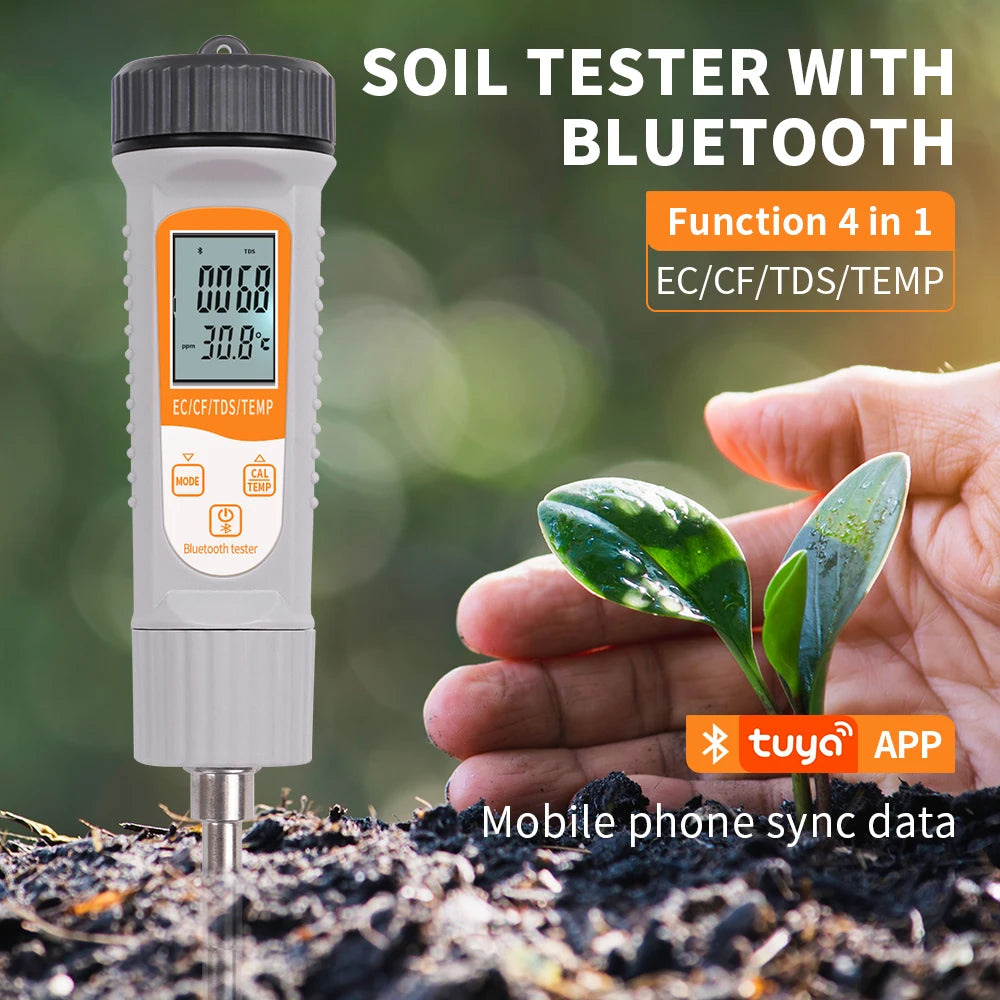 JUANJUAN Tuya Bluetooth 4-in-1 Soil Tester EC TDS CF Temp Digital Soil Nutrient Analyzer for Hydroponics Garden