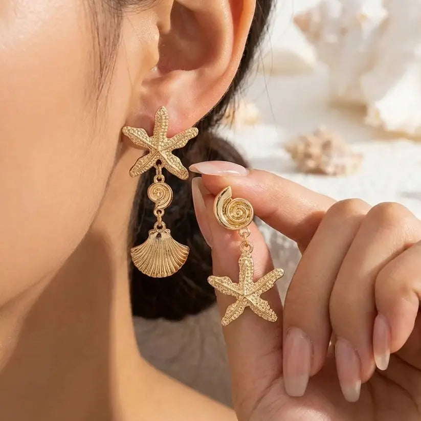 CowLost | boho-asymmetric-starfish-shell-pendant-earrings-for-women-gold-color-metal-textured-sea-star-conch-dangle-earring-beach-jewelry |1