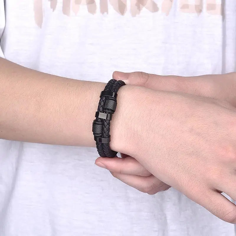 CowLost | badge-pass-holders-jiayiqi-punk-stainless-steel-leather-bracelet-for-men-with-irregular-beads |14