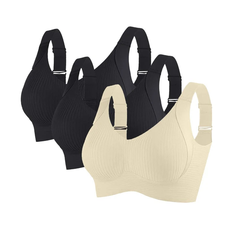 CowLost | product_id-3pcs-womens-plus-size-seamless-v-neck-push-up-wire-free-ribbed-bralette-m-4xl |15