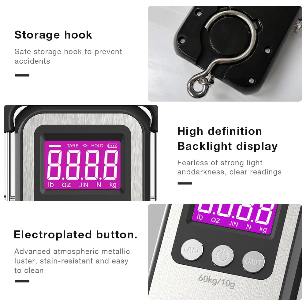 JUANJUAN 60kg/10g Portable Digital Hanging Scale LCD Rechargeable for Luggage & Fishing
